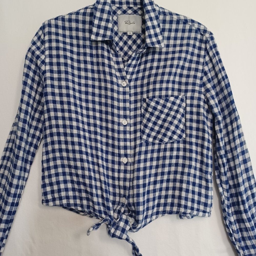 Rails Womens Blue White Gingham Tie Front Button Down Shirt XS Cropped Long Slv - Picture 3 of 12